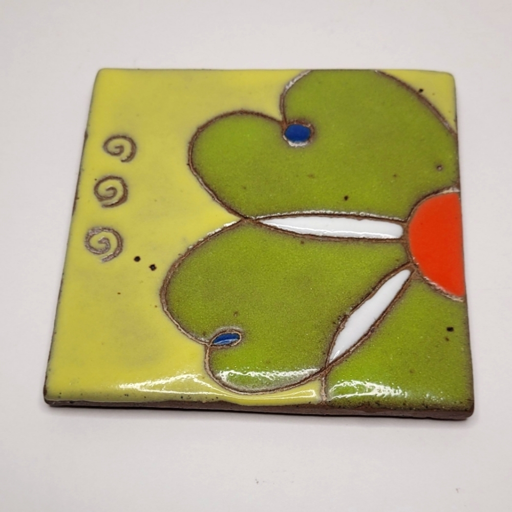 Abstract Flower Green and Orange Vintage Terracotta Ceramic Art Tile Decor